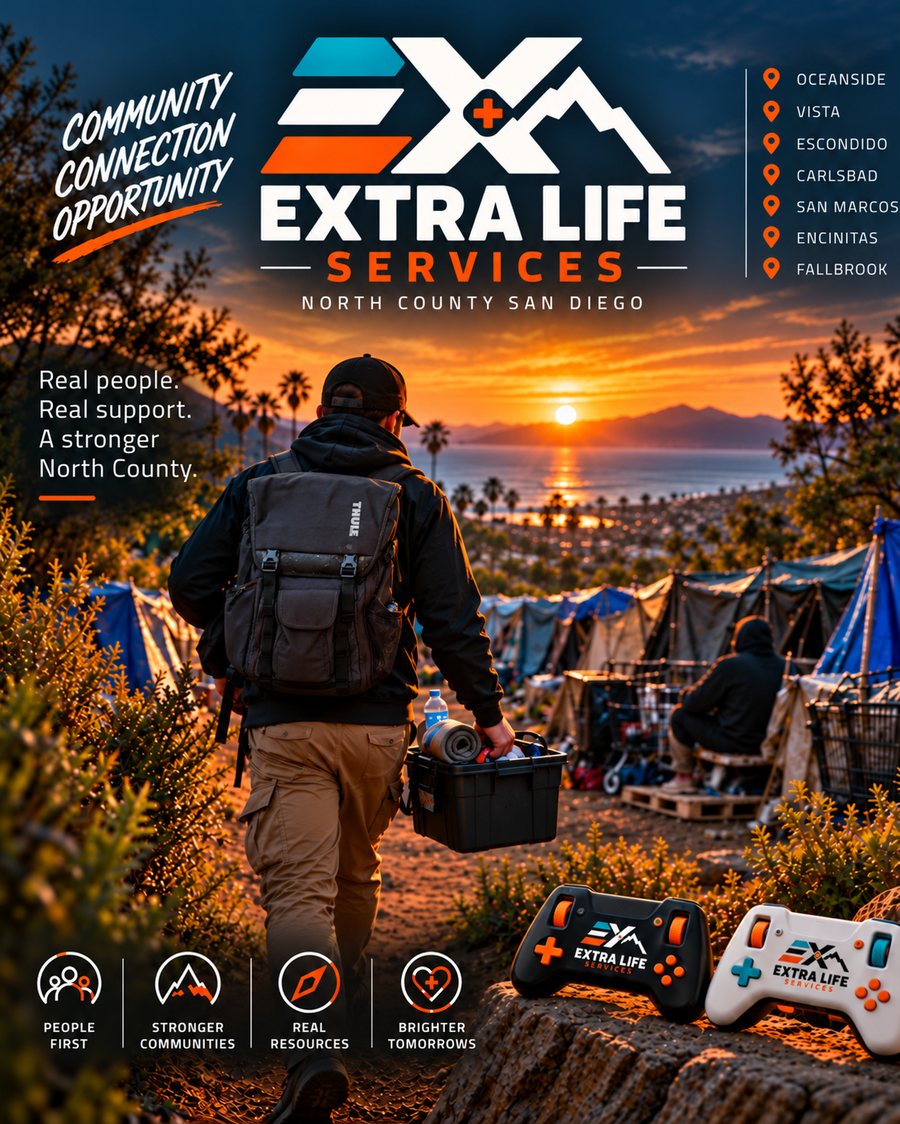 Illustrated Extra Life Services outreach poster: an outreach worker carrying supplies toward a sunset over the North County coast, with the Extra Life Services logo and the cities Oceanside, Vista, Escondido, Carlsbad, San Marcos, Encinitas, and Fallbrook.